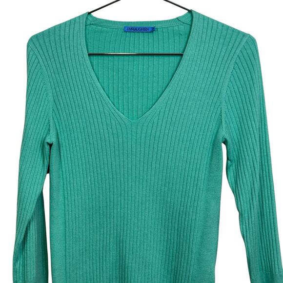 J. McLaughlin Size Medium Green Cotton Blend Ribbed V-Neck Pullover Sweater - Picture 2 of 6